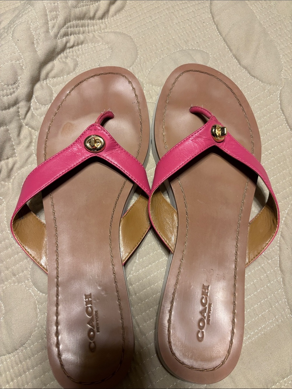 Coach Pink Leather Thong Sandals with Gold Toggle